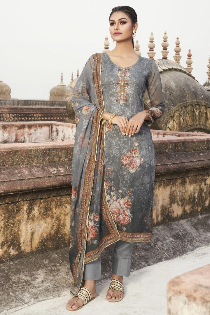 Grey Color Festive Wear Elegant Embroidered Georgette Fabric Straight Cut Dress