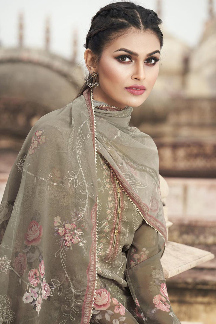 Festive Wear Dark Beige Color Georgette Fabric Elegant Embroidered Straight Cut Dress