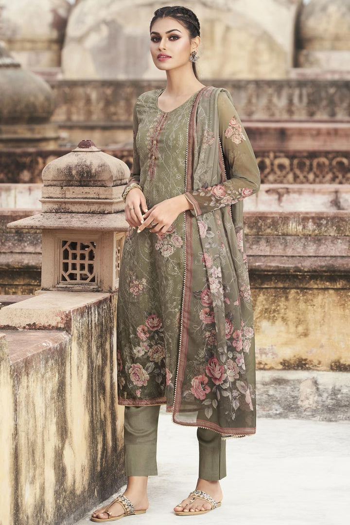 Festive Wear Dark Beige Color Georgette Fabric Elegant Embroidered Straight Cut Dress