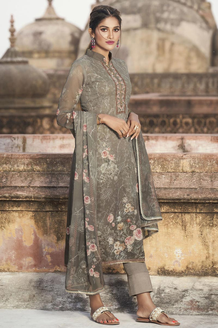 Festive Wear Cream Color Elegant Embroidered Straight Cut Suit In Georgette Fabric