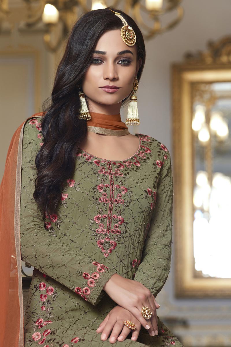 Dark Beige Color Function Wear Embroidered Salwar Kameez In Georgette Fabric