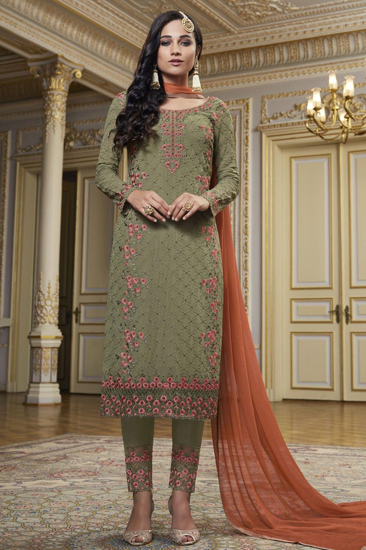 Dark Beige Color Function Wear Embroidered Salwar Kameez In Georgette Fabric