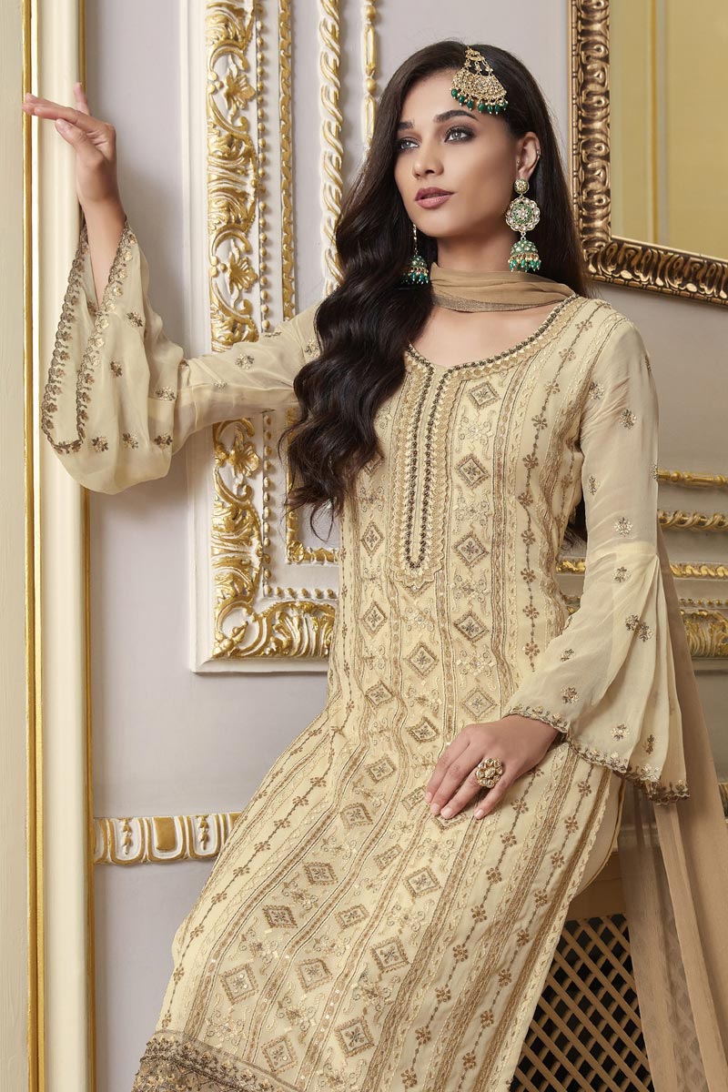 Georgette Fabric Function Wear Embroidered Salwar Kameez In Beige Color