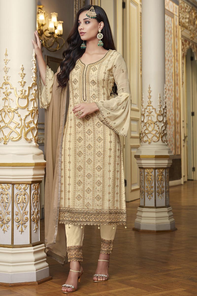 Georgette Fabric Function Wear Embroidered Salwar Kameez In Beige Color