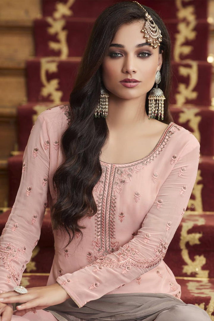 Function Wear Pink Color Embroidered Palazzo Suit In Georgette Fabric