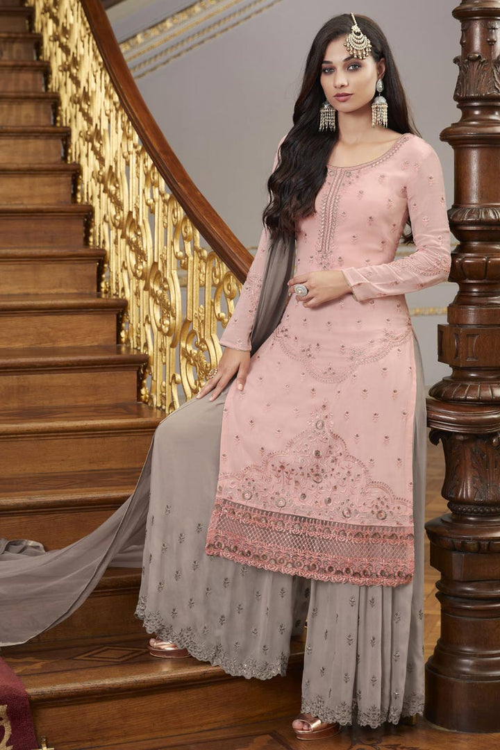 Function Wear Pink Color Embroidered Palazzo Suit In Georgette Fabric