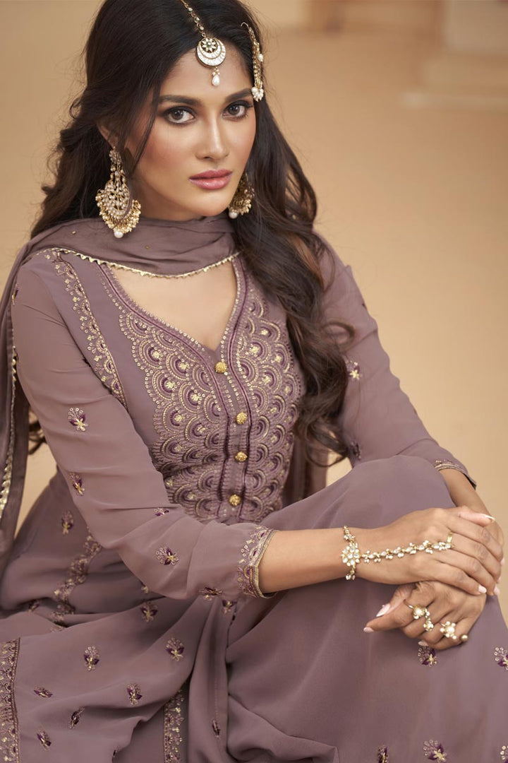 Georgette Fabric Party Wear Embroidered Lavender Color Palazzo Dress