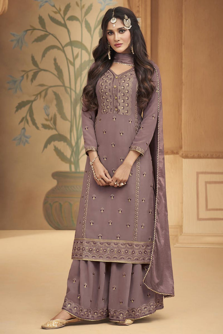 Georgette Fabric Party Wear Embroidered Lavender Color Palazzo Dress