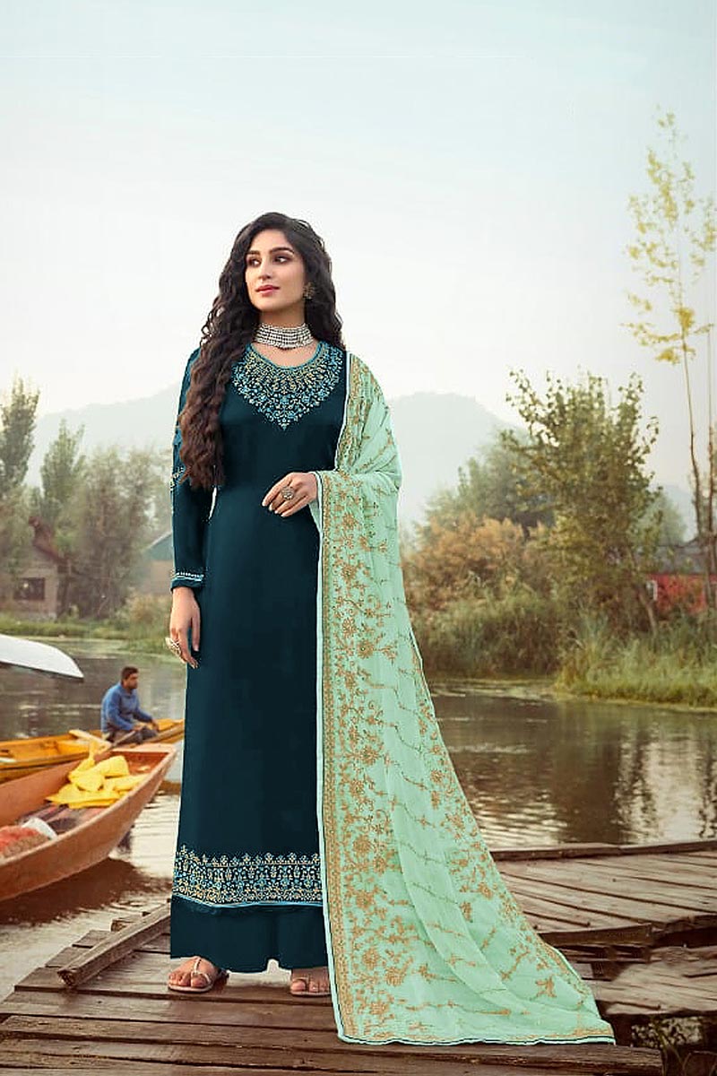 Georgette Fabric Function Wear Elegant Embroidered Palazzo Suit In Teal Color