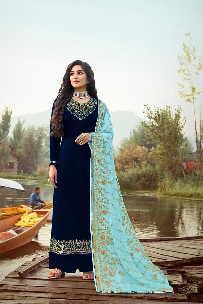 Function Wear Navy Blue Color Elegant Embroidered Palazzo Suit Georgette Fabric