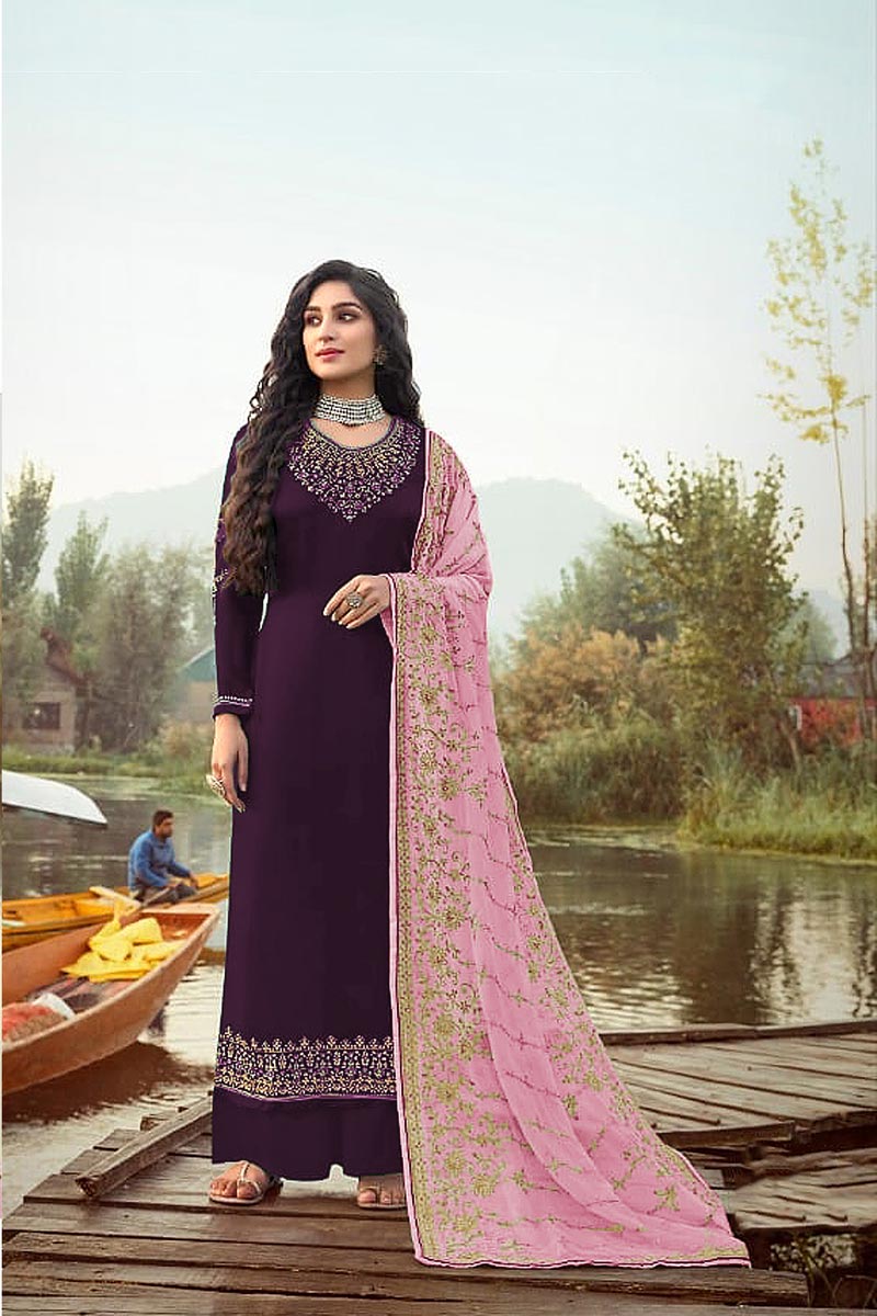 Purple Color Function Wear Elegant Embroidered Georgette Fabric Palazzo Suit