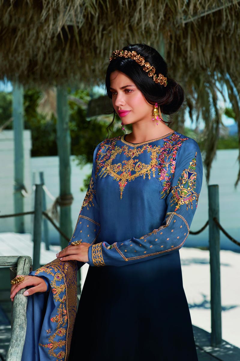 Satin Georgette Fabric Blue Color Fancy Embroidered Salwar Suit