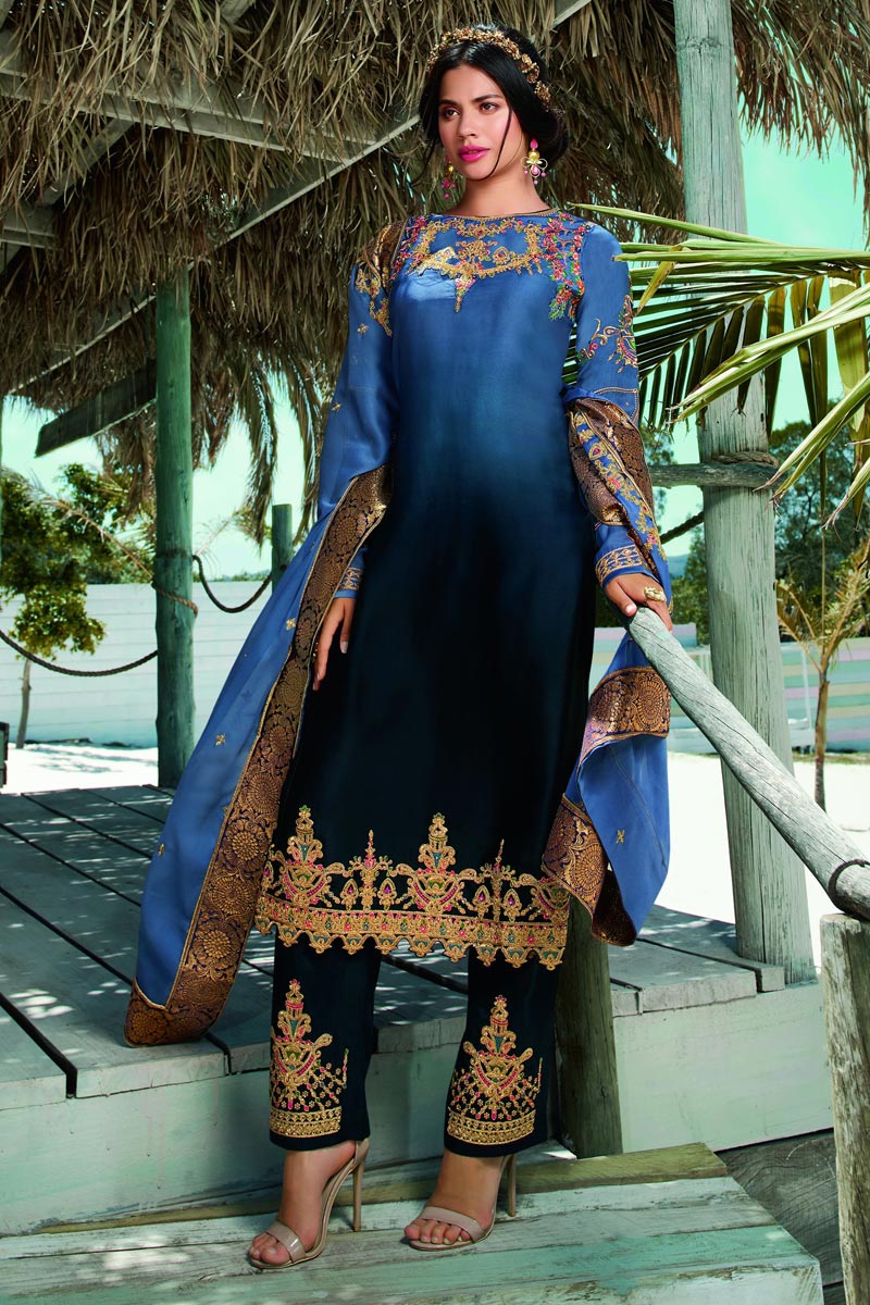 Satin Georgette Fabric Blue Color Fancy Embroidered Salwar Suit