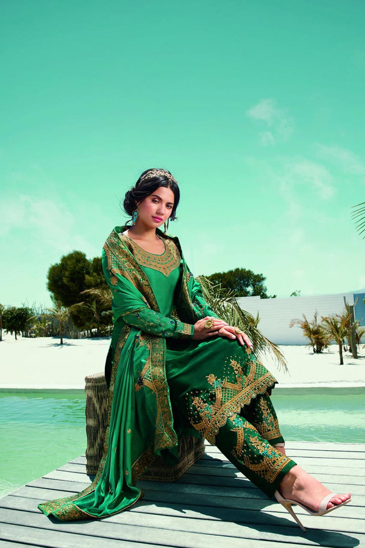 Satin Georgette Fabric Fancy Embroidered Salwar Kameez In Dark Green Color