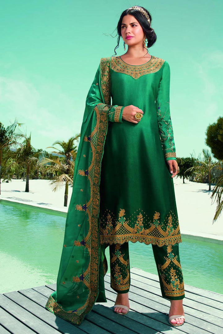 Satin Georgette Fabric Fancy Embroidered Salwar Kameez In Dark Green Color