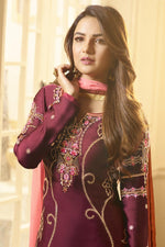 Load image into Gallery viewer, Jasmin Bhasin Maroon Color Trendy Embroidered Satin Georgette Fabric Straight Cut Dress
