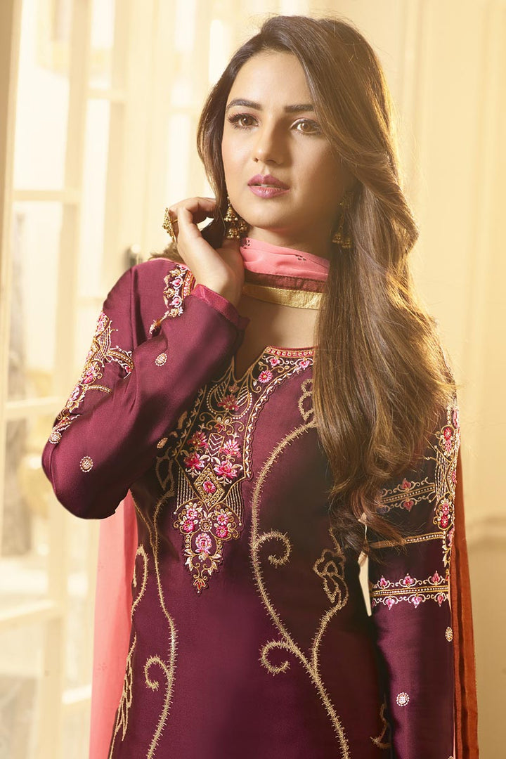 Jasmin Bhasin Maroon Color Trendy Embroidered Satin Georgette Fabric Straight Cut Dress