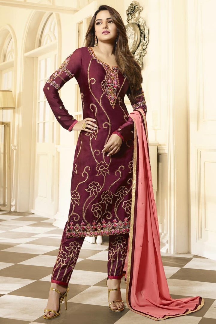 Jasmin Bhasin Maroon Color Trendy Embroidered Satin Georgette Fabric Straight Cut Dress