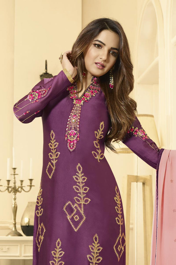 Jasmin Bhasin Party Wear Purple Color Satin Georgette Fabric Embroidered Straight Cut Dress
