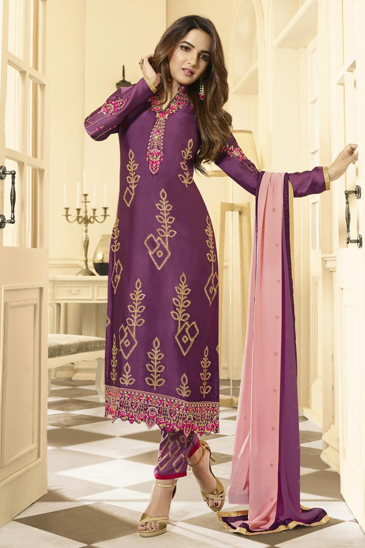 Jasmin Bhasin Party Wear Purple Color Satin Georgette Fabric Embroidered Straight Cut Dress