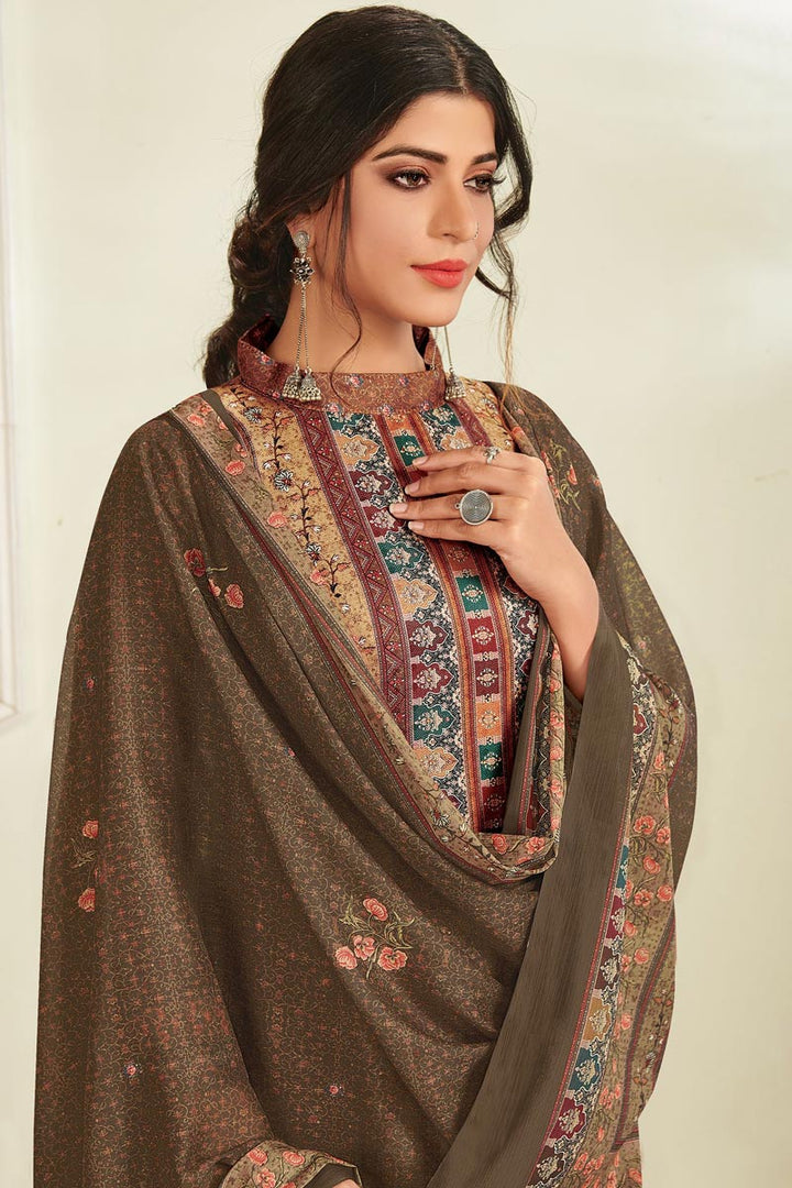 Brown Color Fancy Digital Printed Pashmina Fabric Salwar Suit