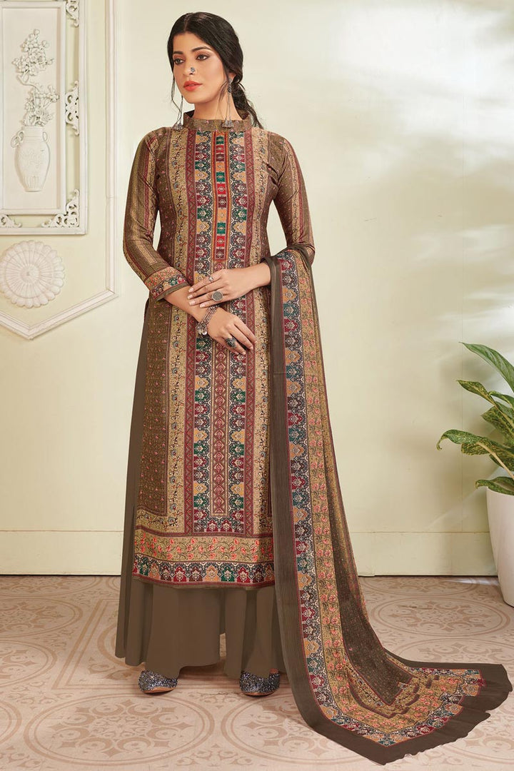 Brown Color Fancy Digital Printed Pashmina Fabric Salwar Suit