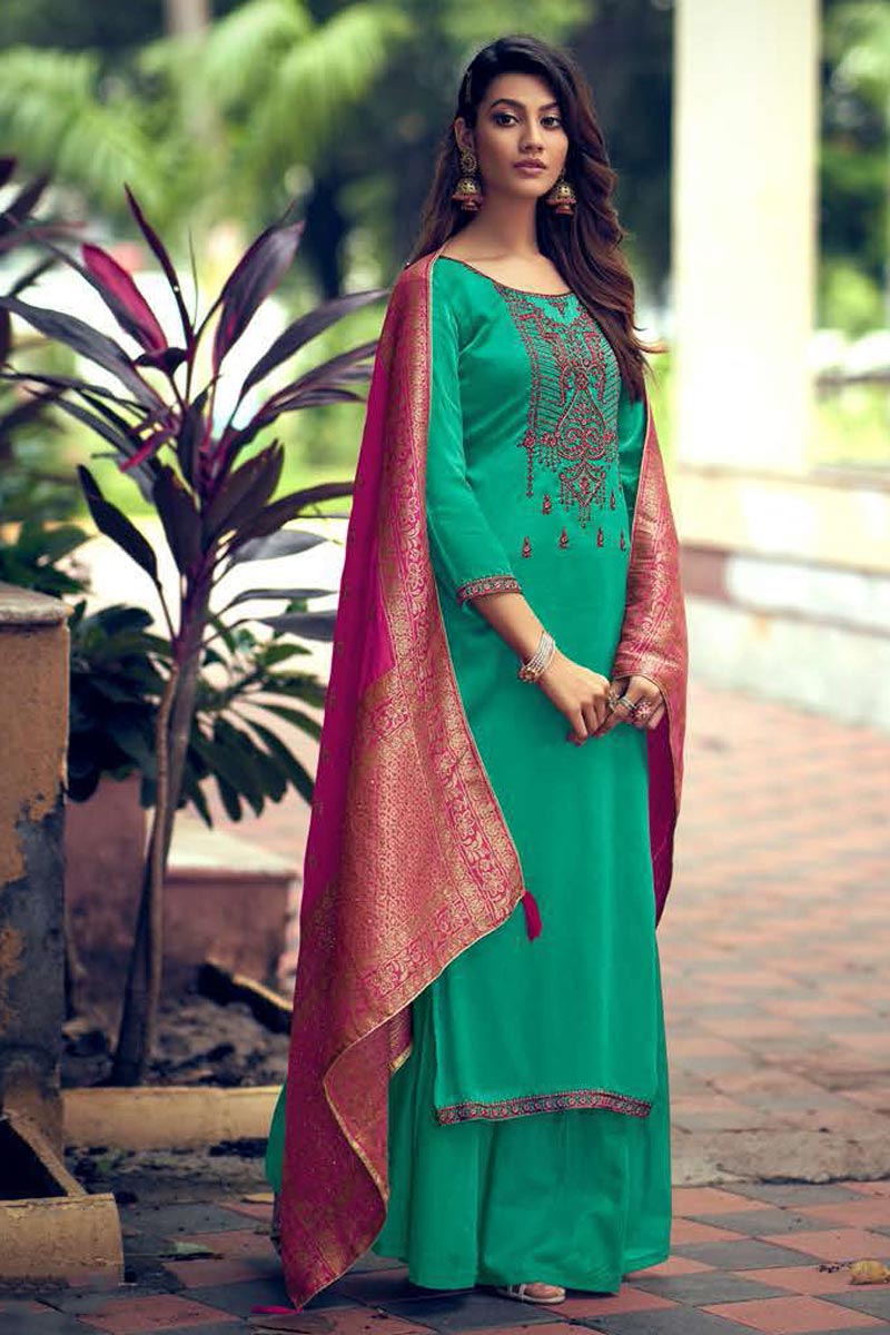 Cyan Color Fancy Embroidered Art Silk Fabric Palazzo Suit