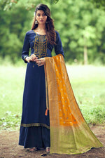 Load image into Gallery viewer, Art Silk Fabric Navy Blue Color Fancy Embroidered Palazzo Suit
