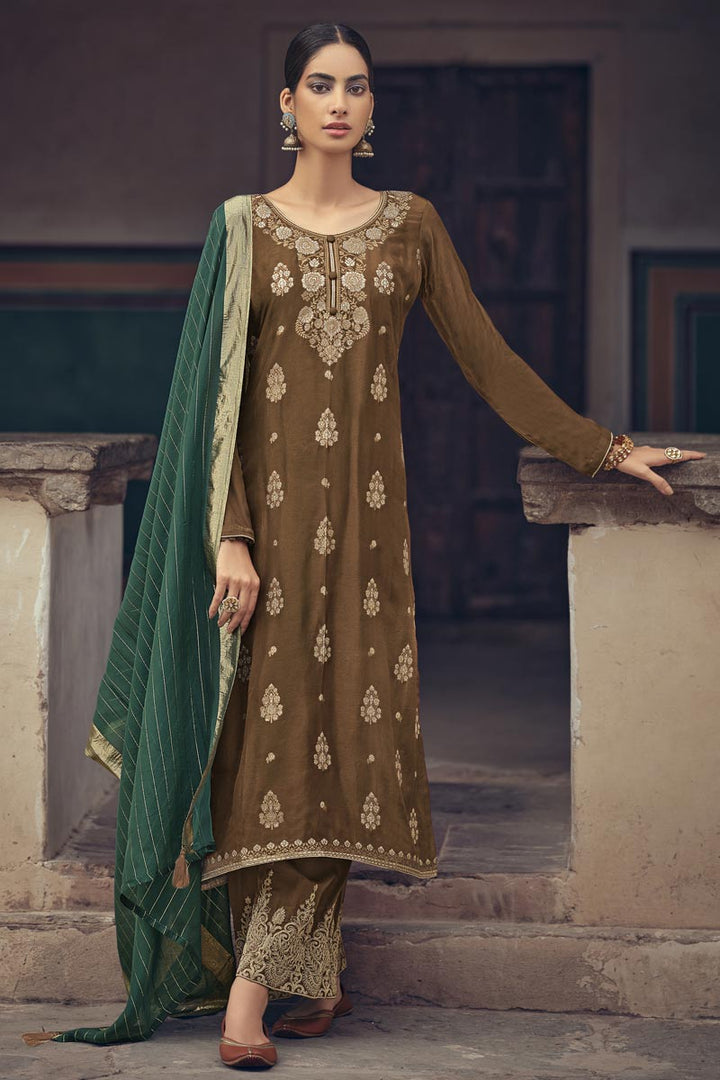 Brown Color Jacquard Silk Fabric Weaving Work Function Wear Fancy Palazzo Suit