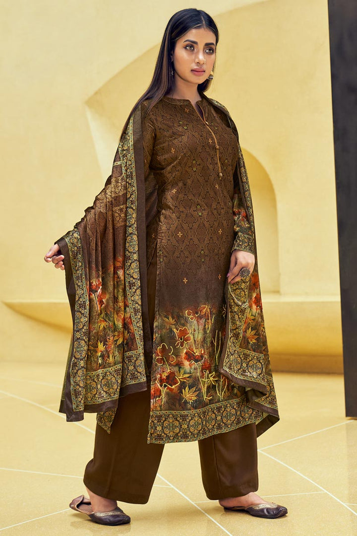 Fancy Fabric Function Wear Printed Brown Color Palazzo Suit