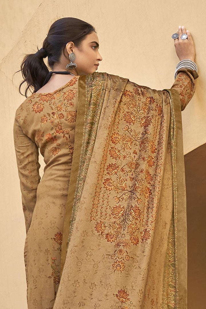 Casual Chikoo Color Printed Pashmina Fabric Palazzo Suit