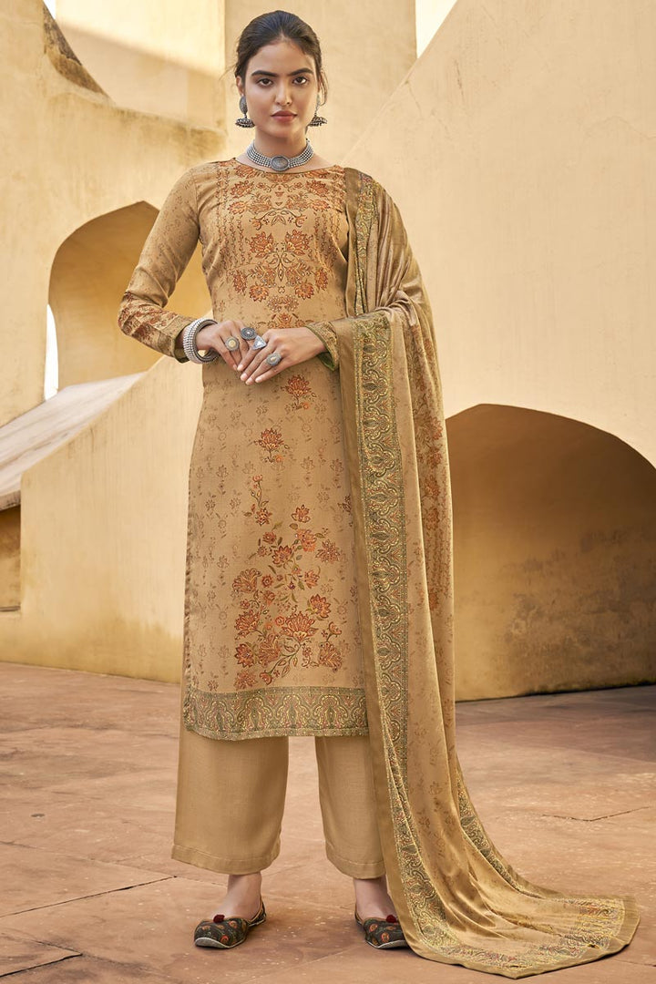 Casual Chikoo Color Printed Pashmina Fabric Palazzo Suit