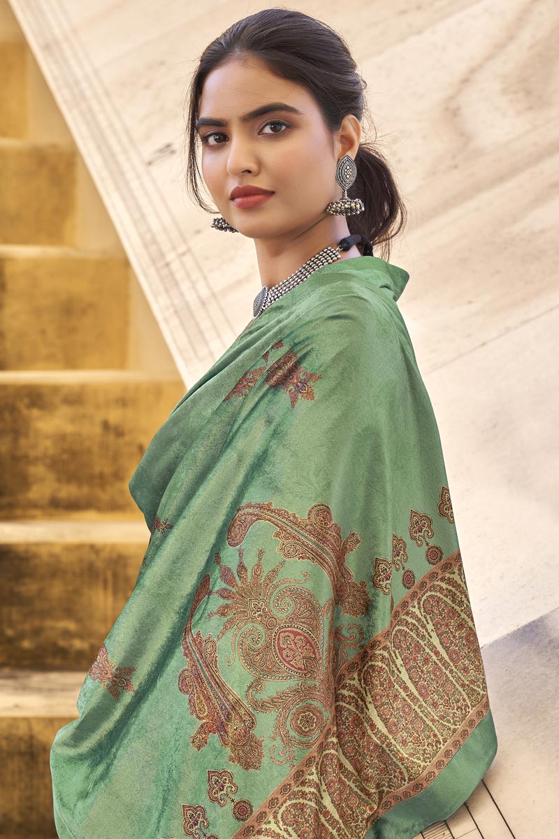 Sea Green Color Pashmina Fabric Casual Printed Fancy Palazzo Suit
