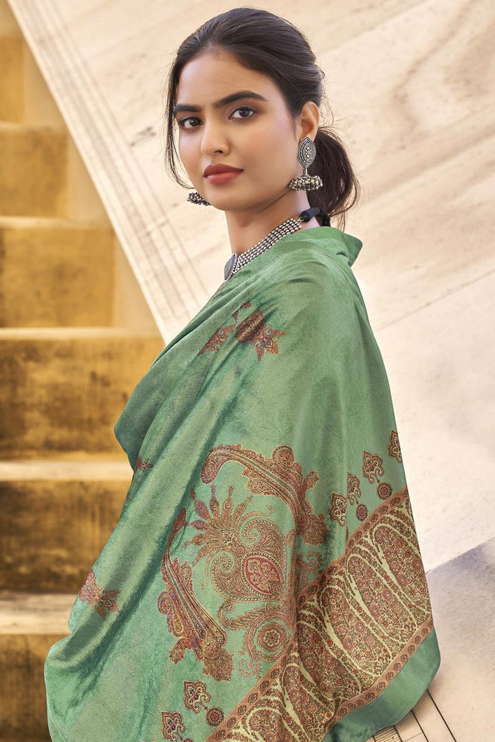 Sea Green Color Pashmina Fabric Casual Printed Fancy Palazzo Suit