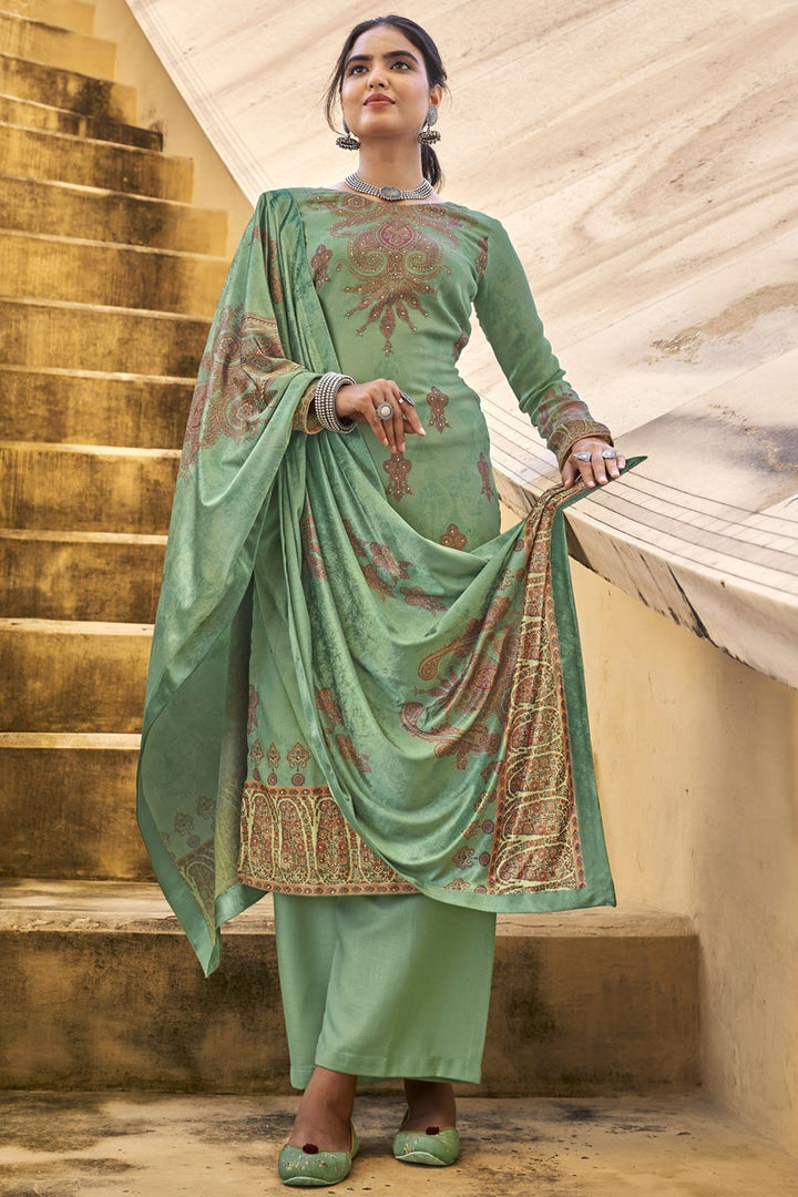 Sea Green Color Pashmina Fabric Casual Printed Fancy Palazzo Suit