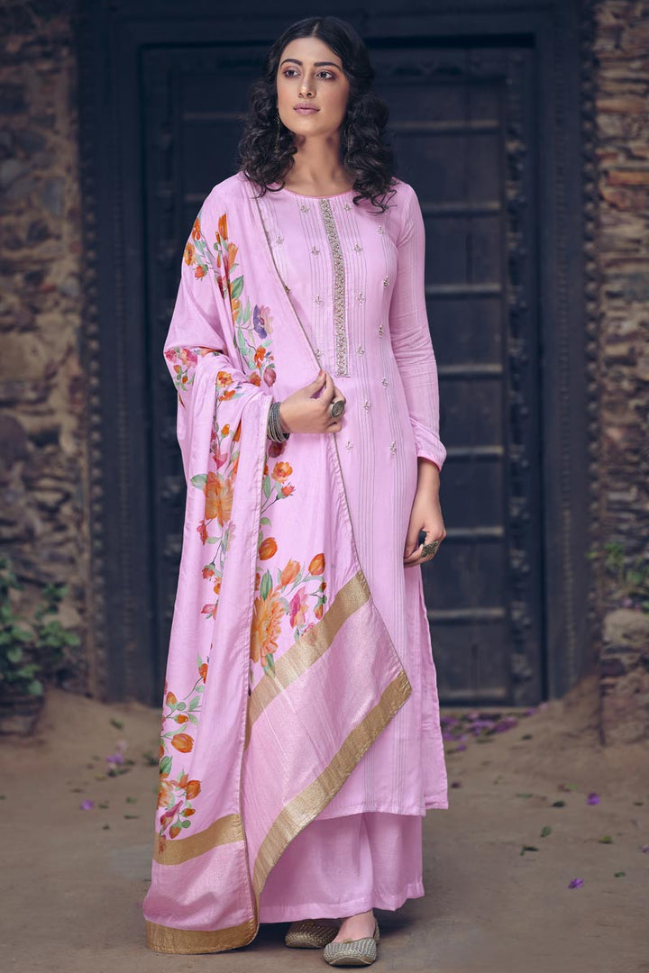 Pink Color Printed Daily Wear Fancy Fabric Palazzo Suit