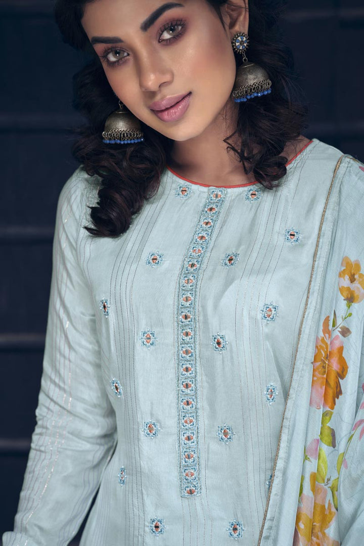 Fancy Fabric Daily Wear Light Cyan Color Printed Palazzo Suit