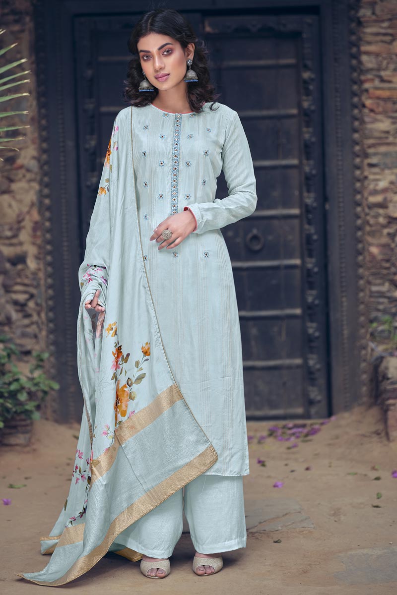 Fancy Fabric Daily Wear Light Cyan Color Printed Palazzo Suit