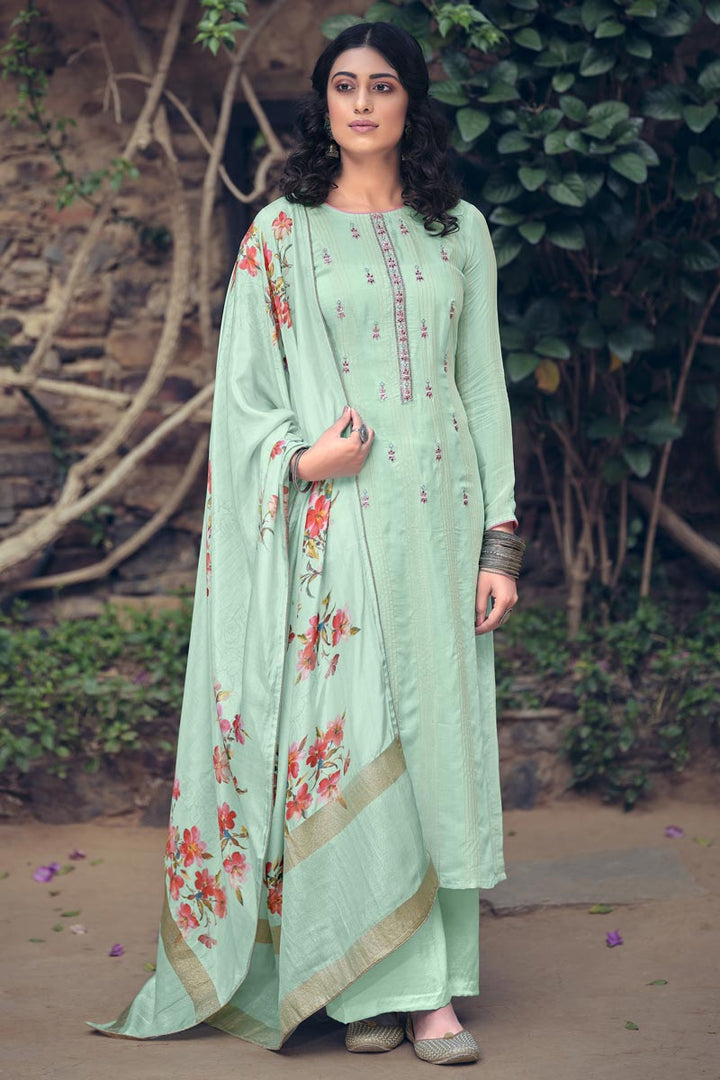 Fancy Fabric Daily Wear Simple Printed Sea Green Color Palazzo Suit