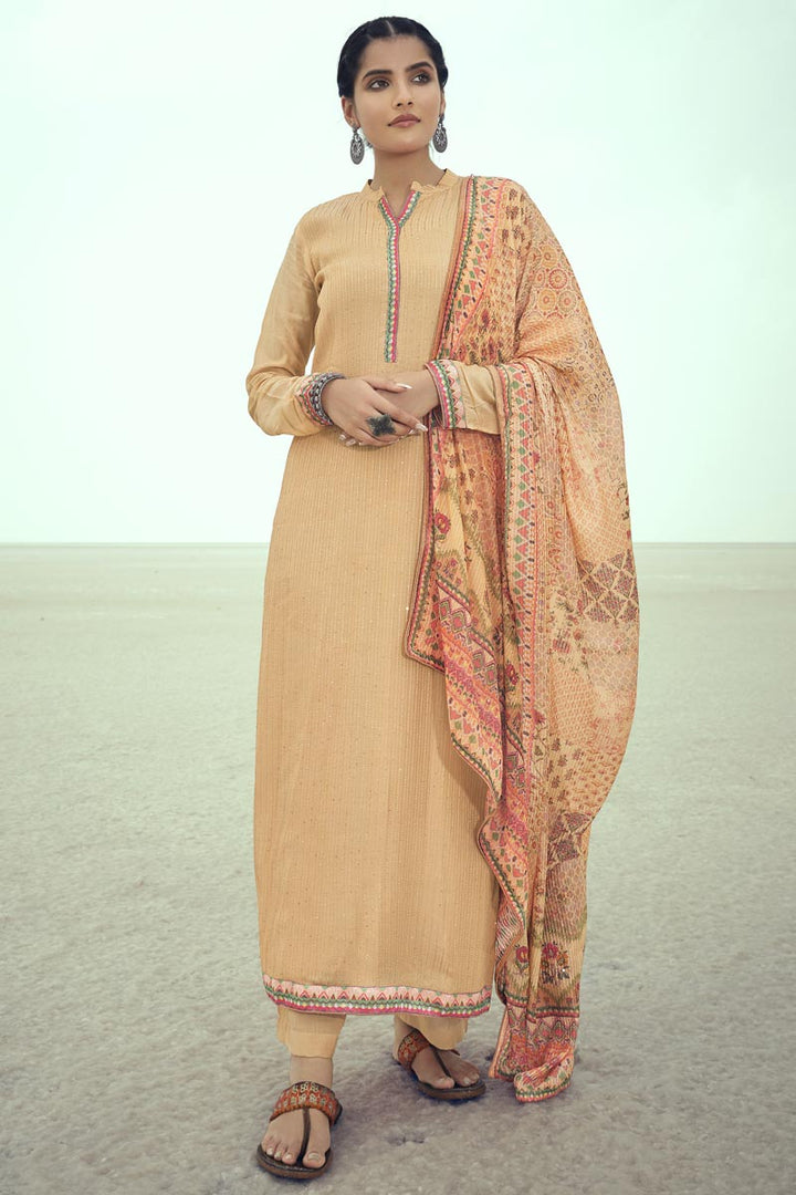 Fancy Fabric Peach Color Embroidered Designer Salwar Suit