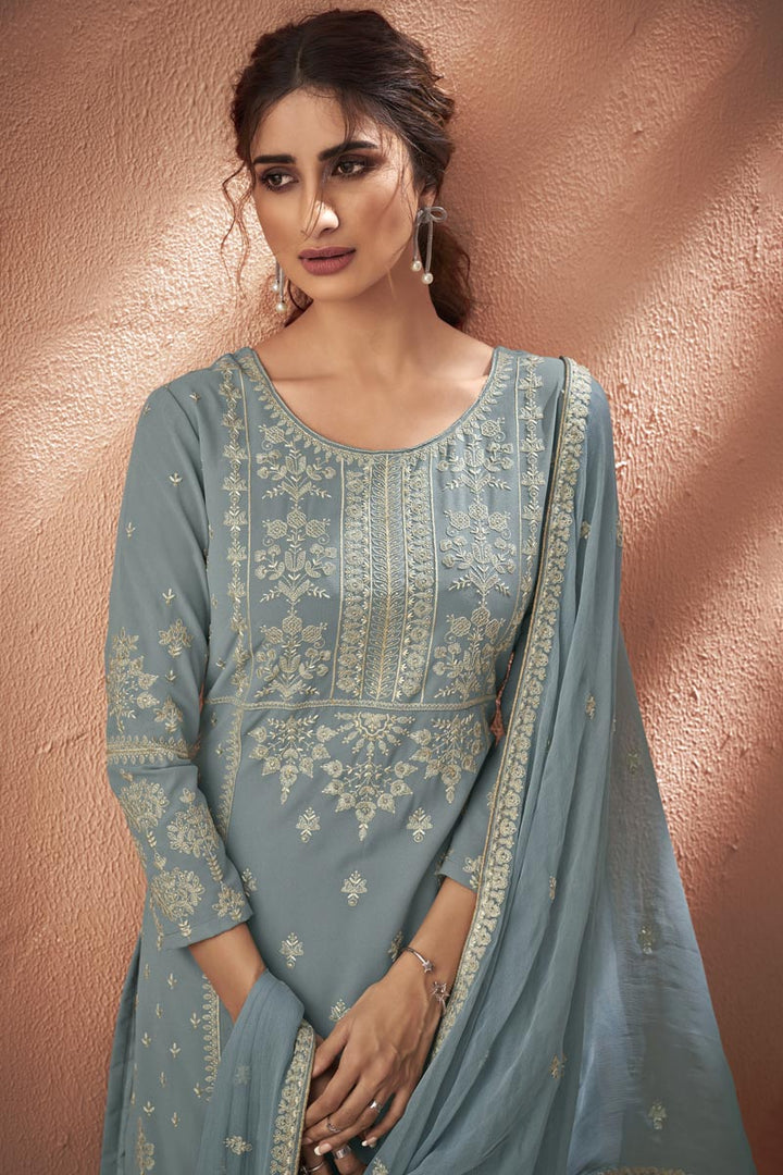 Embroidered Grey Color Palazzo Suit In Fancy Fabric