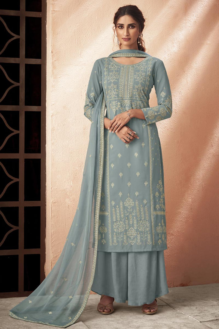 Embroidered Grey Color Palazzo Suit In Fancy Fabric