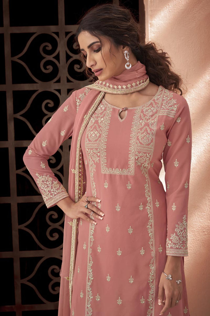 Function Wear Pink Color Embroidered Fancy Fabric Palazzo Suit