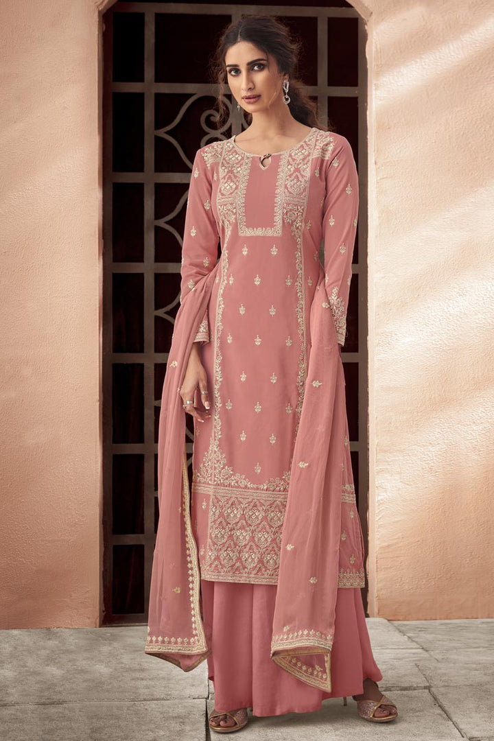 Function Wear Pink Color Embroidered Fancy Fabric Palazzo Suit