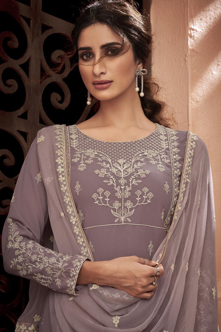 Fancy Fabric Embroidered Lavender Color Palazzo Suit