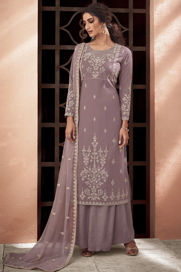 Fancy Fabric Embroidered Lavender Color Palazzo Suit