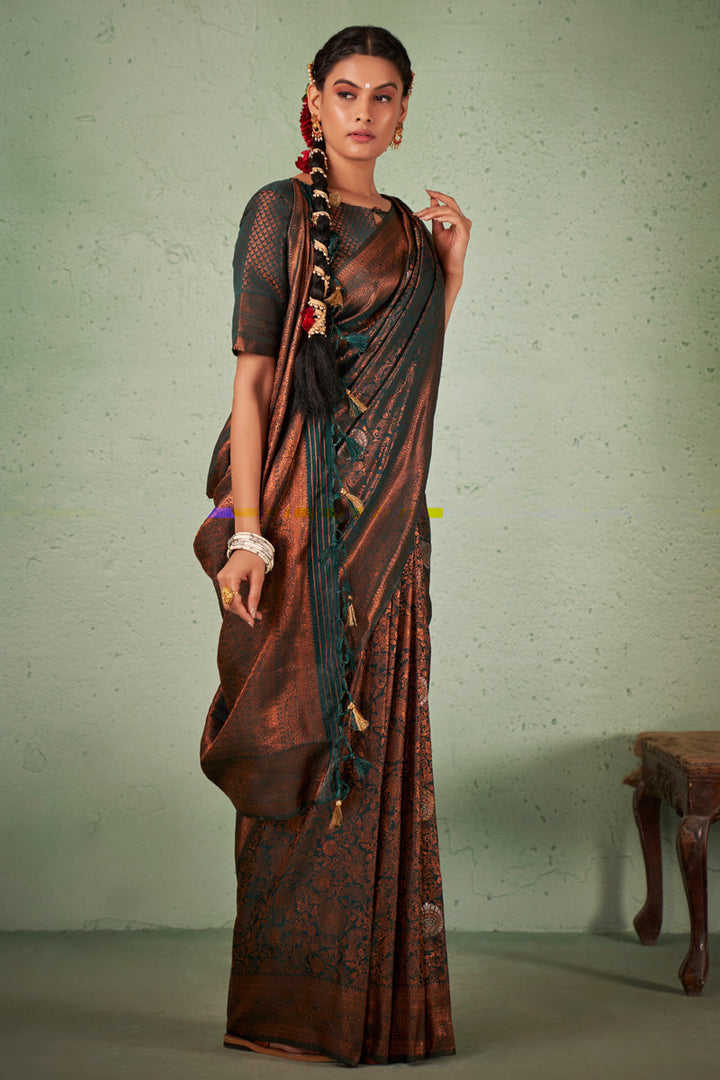 Teal Color Georgette Fabric Ravishing Weaving Work Saree