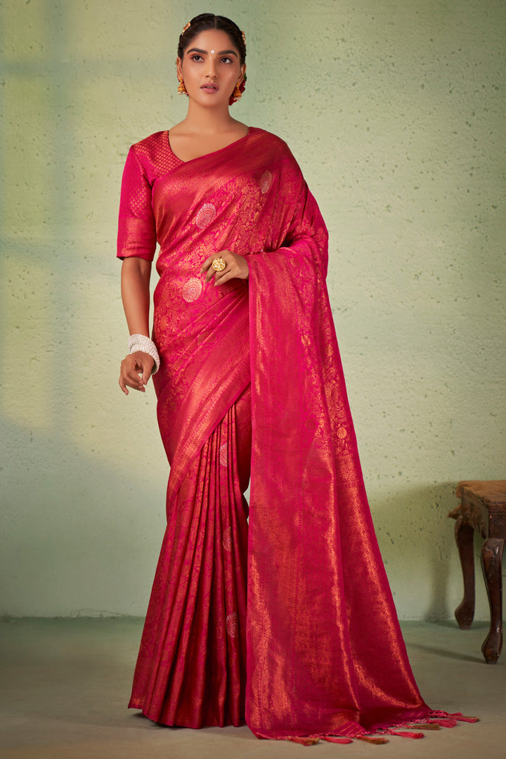 Rani Color Georgette Fabric Tempting Weaving Work Saree