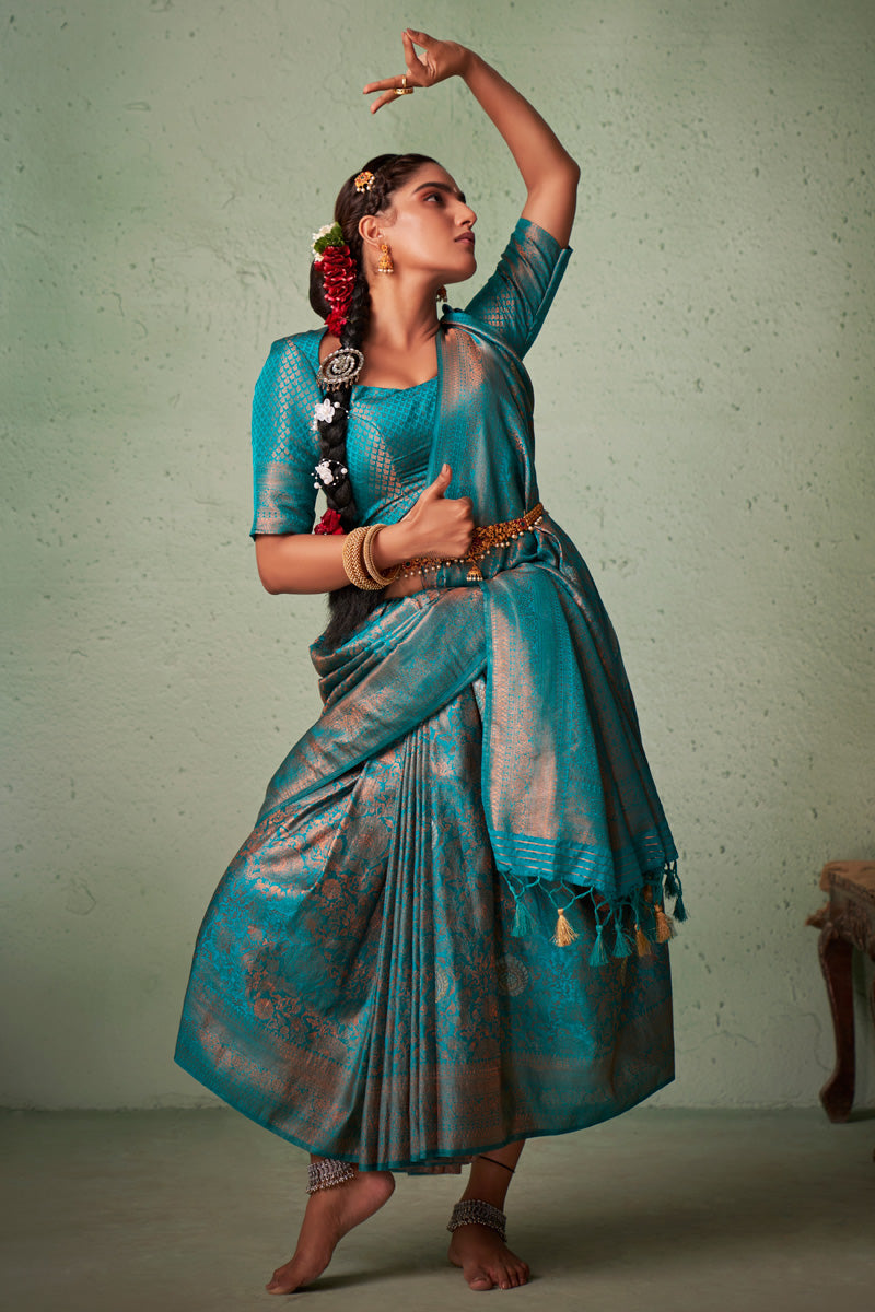 Cyan Color Georgette Fabric Miraculous Weaving Work Saree
