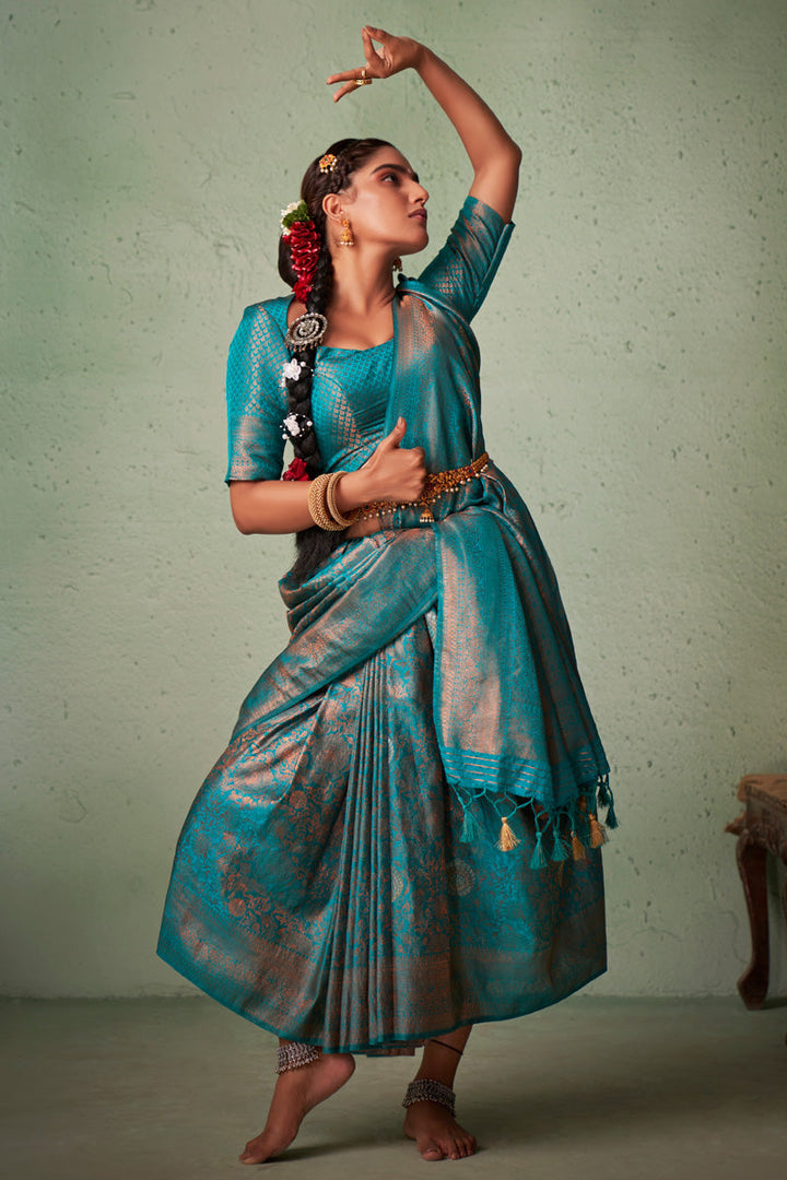 Cyan Color Georgette Fabric Miraculous Weaving Work Saree